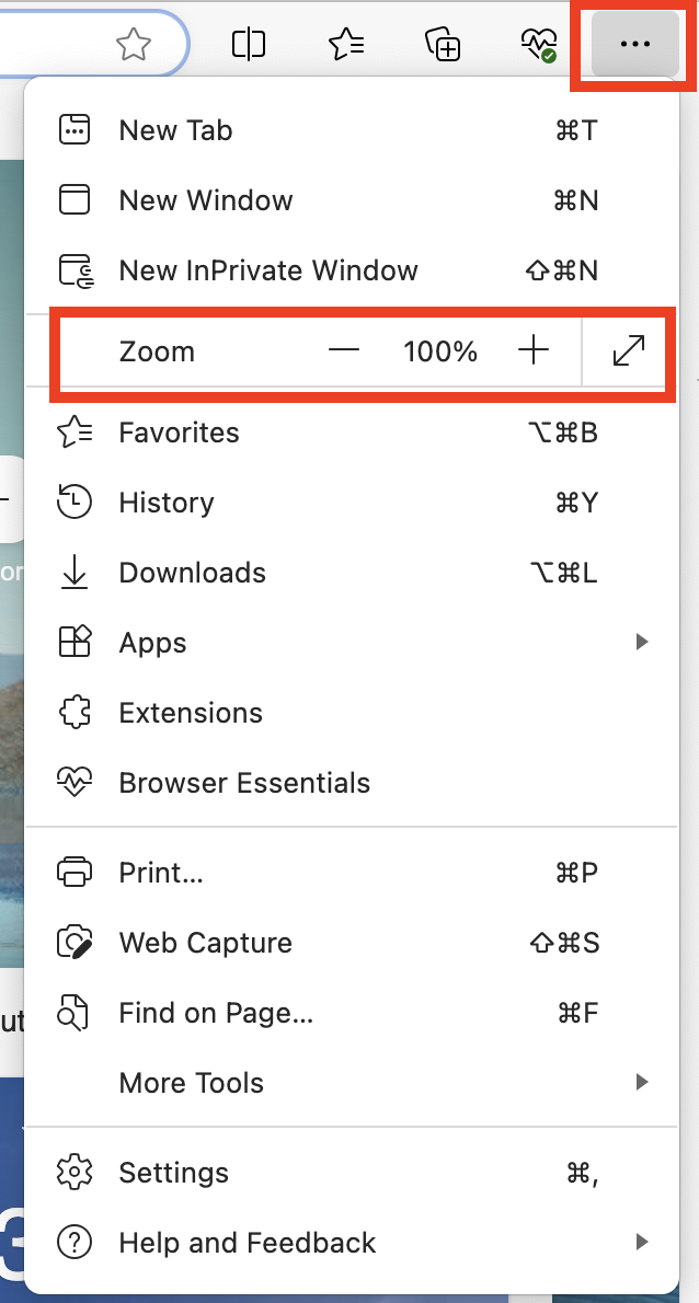 The Settings and More button is expanded to reveal the zoom option, which is set at 100%.
