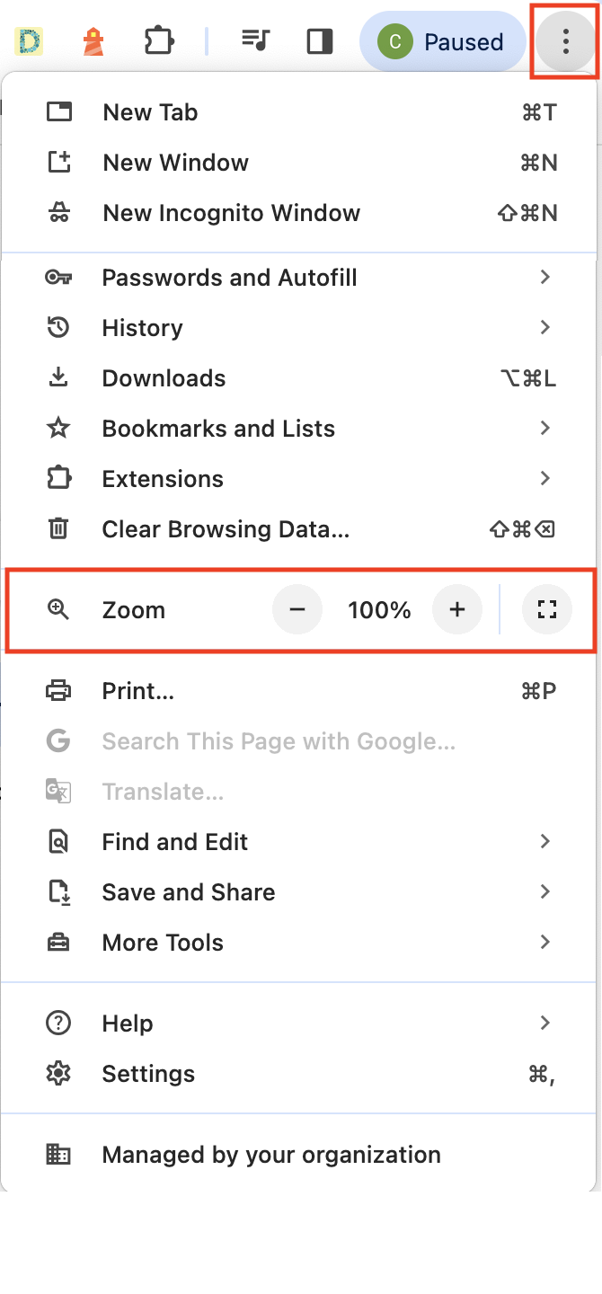 The more button is expanded to reveal the zoom option, which is set at 100%.