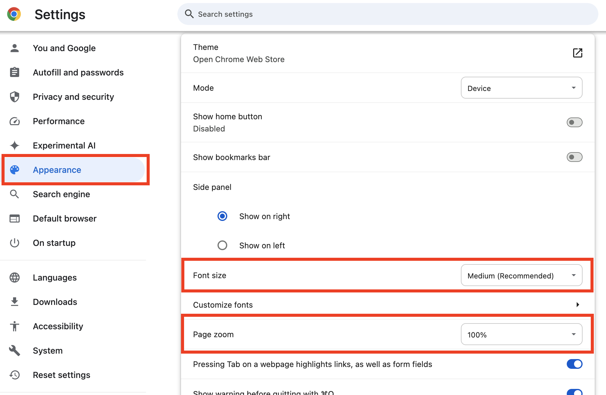 Appearance menu is expanded to reveal how to adjust the font size and the magnification level for all websites on Google Chrome. They are both set to the default.