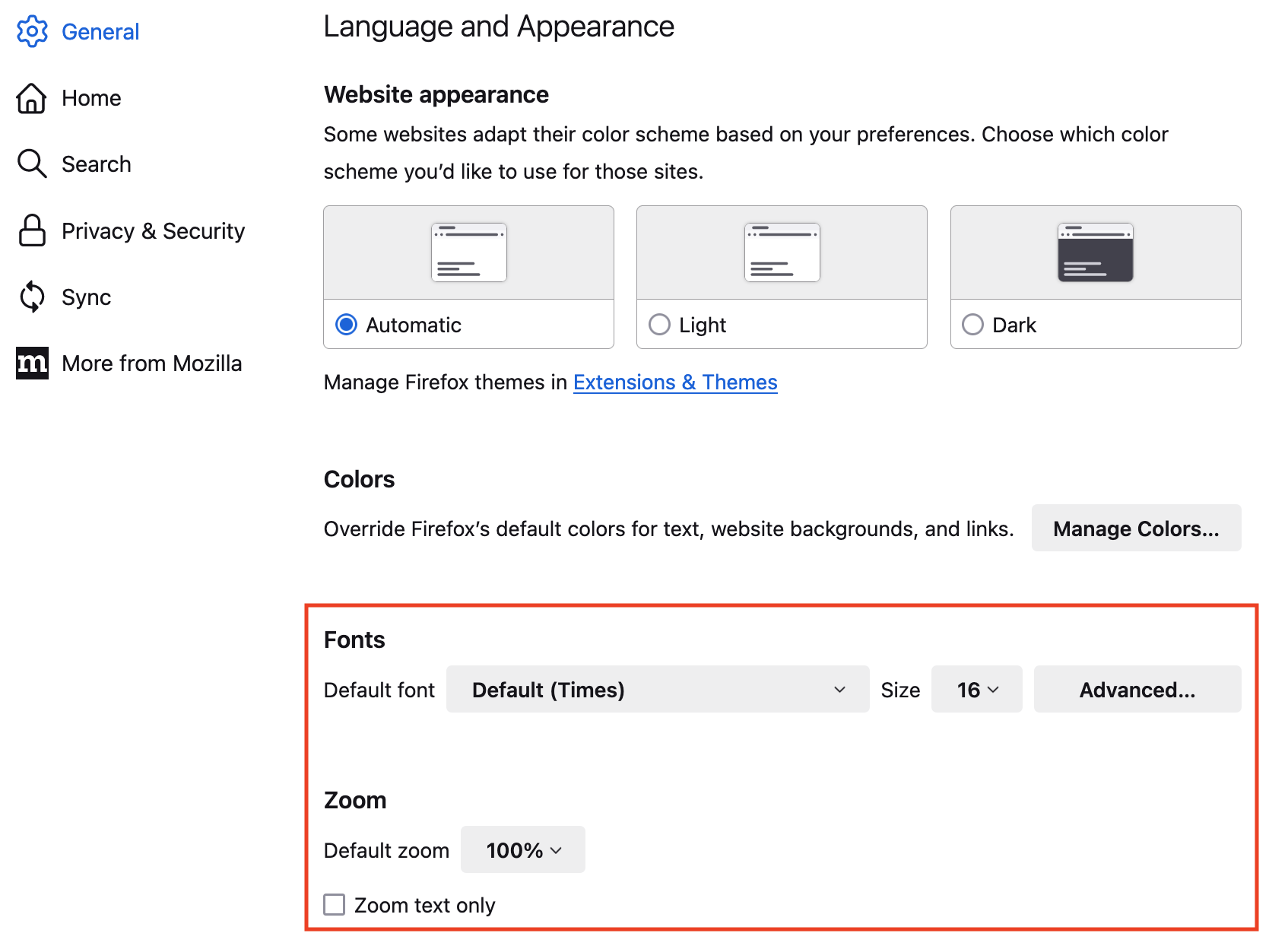 The Language and Appearance menu is expanded to reveal how to adjust the font size and the magnification level for all websites. They are both set to the default.