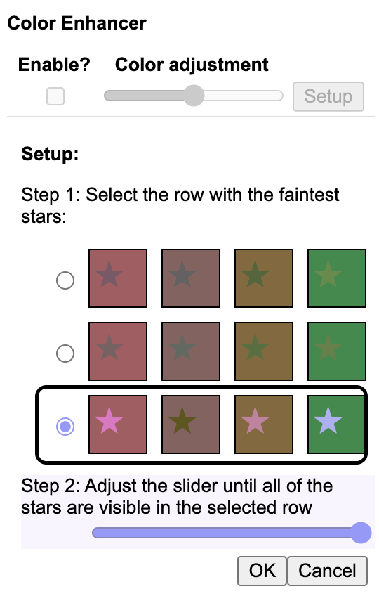 Color Enhancement setup requires two steps, and features the ability to adjust the final color enhancement through a slider. width=