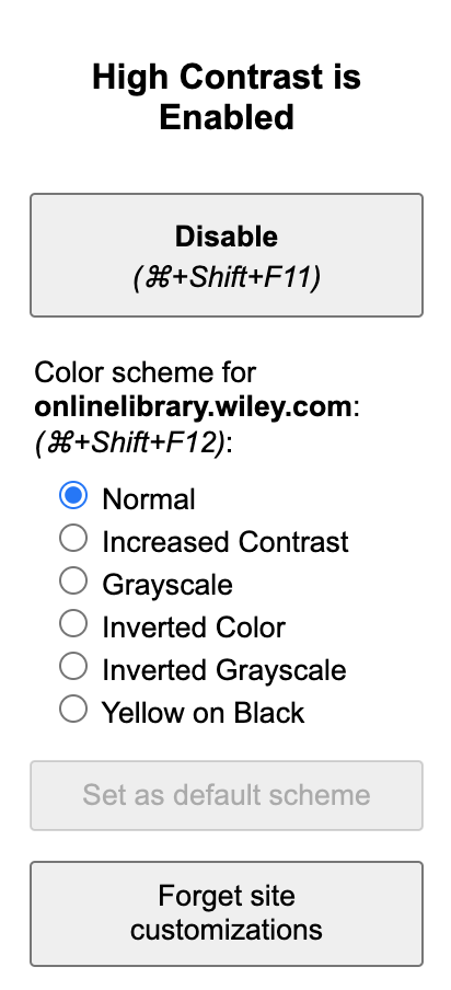 Color scheme options include normal, increased contrast, grayscale, inverted color, inverted greyscale, and yellow on black. 