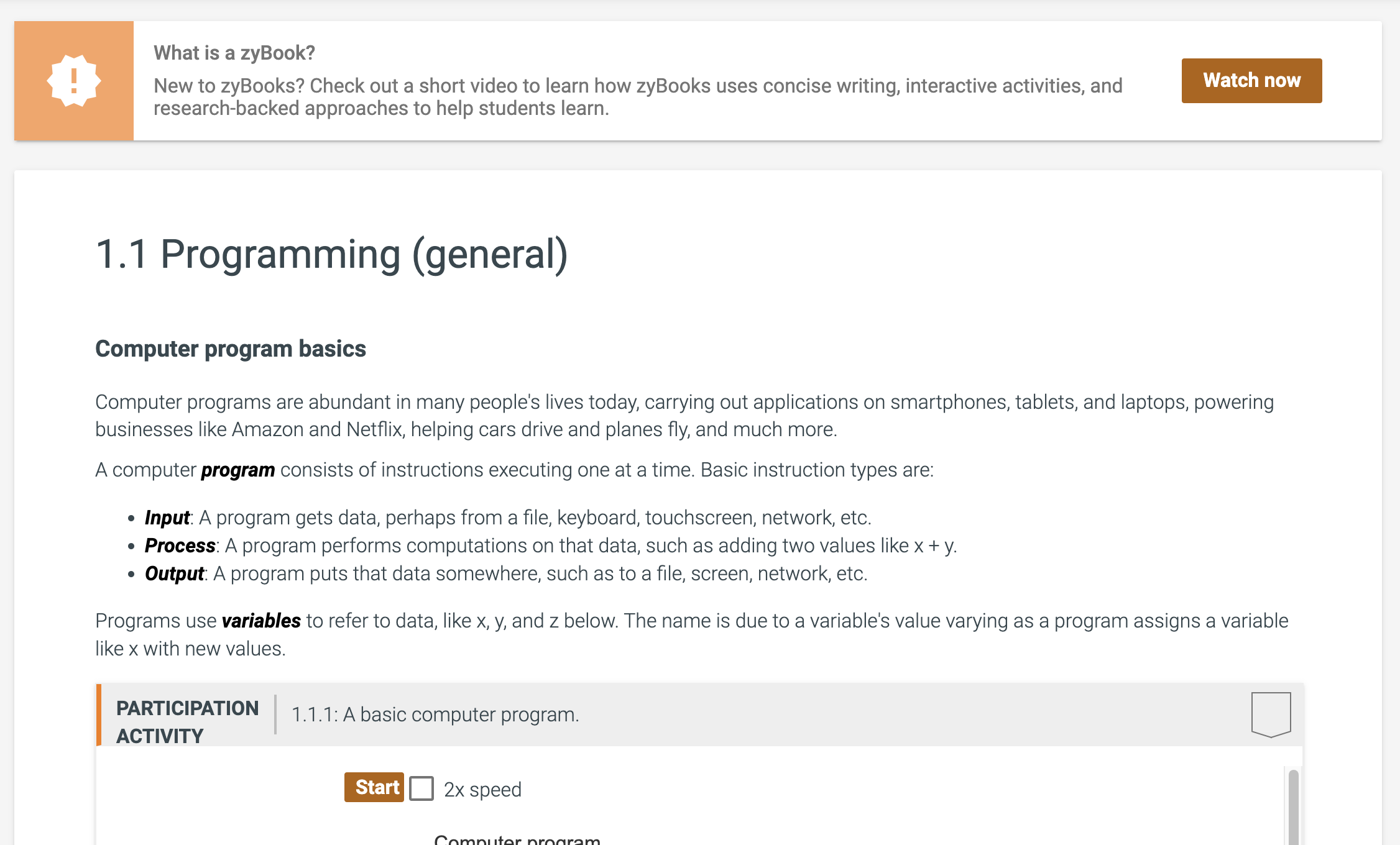The zyBooks chapter features instructional text and the partial view of a participation activity. All buttons on the page are orange.
