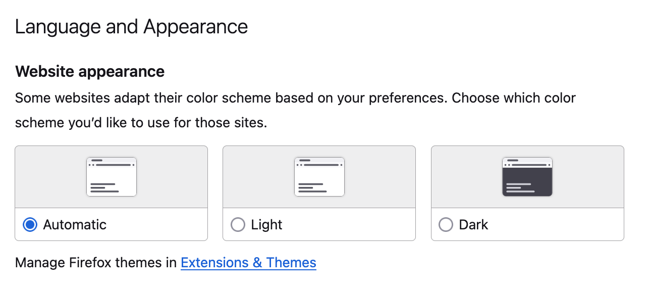 Color scheme options include automatic, light, and dark mode.