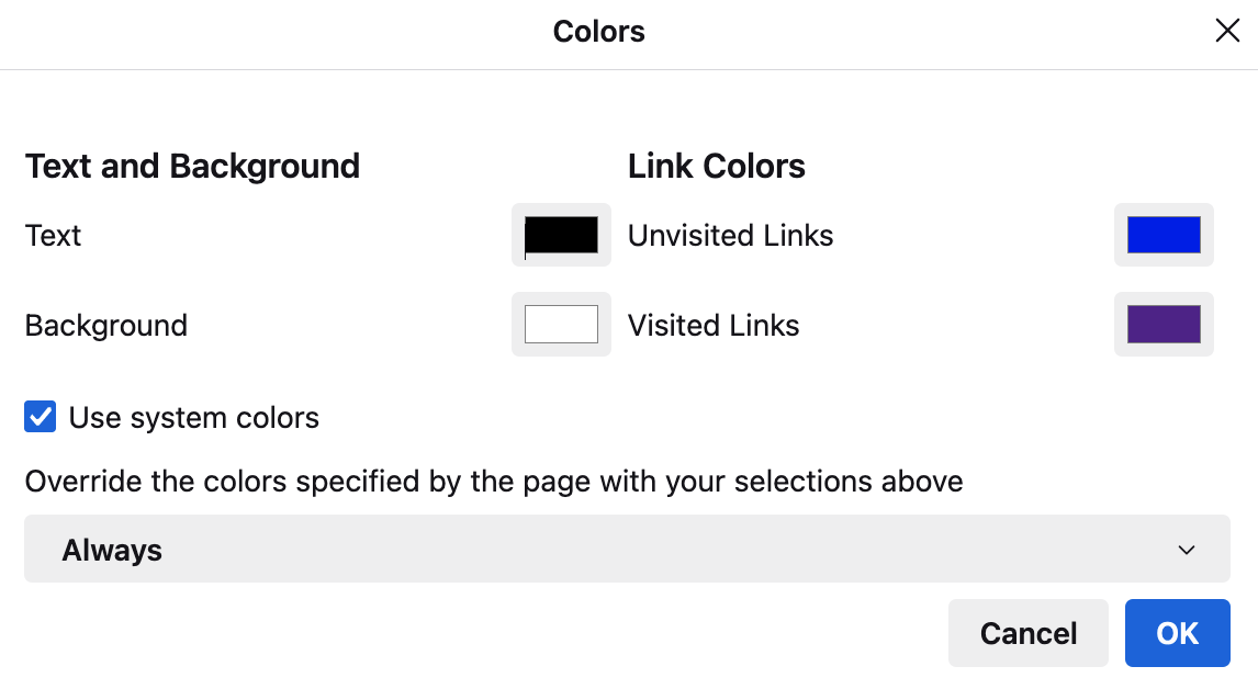 The colors panel contains options to change the color of text, the background, unvisited links, visited links colors, as well as the ability to override the colors specified by the page with the user's selections. 