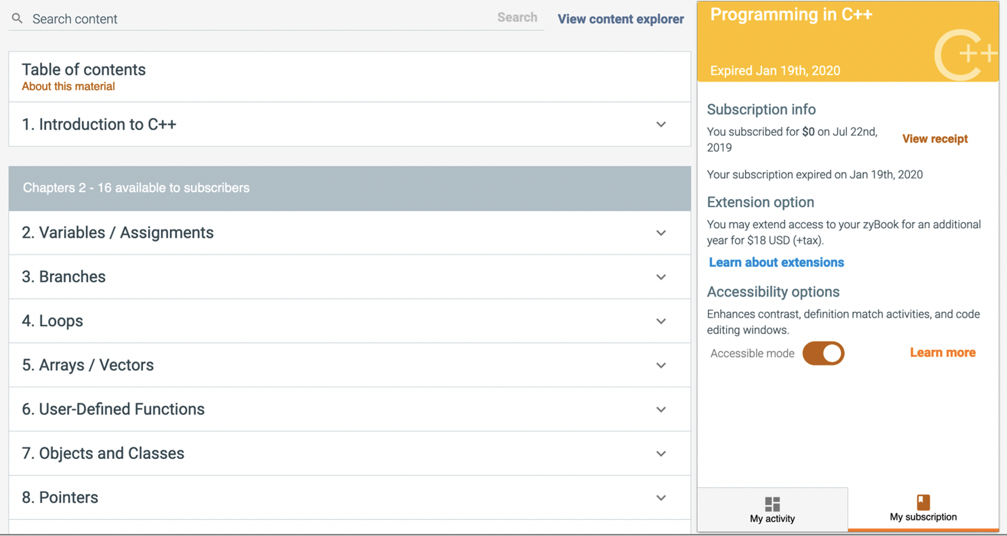 Screenshot of the My Subscription tab with the Accessible Mode switch set to an On state.